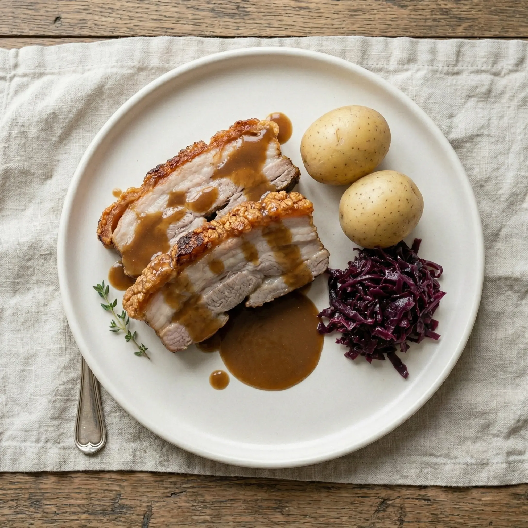 Norwegian ribbe Christmas dinner with crispy pork belly, gravy, boiled potatoes, and braised red cabbage on a white plate