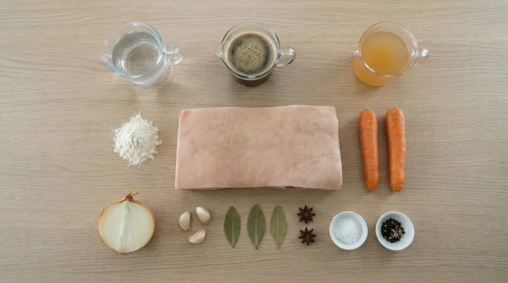 Knolling flat lay of Norwegian ribbe ingredients including pork belly, onion, carrots, garlic, bay leaves, star anise, and seasonings