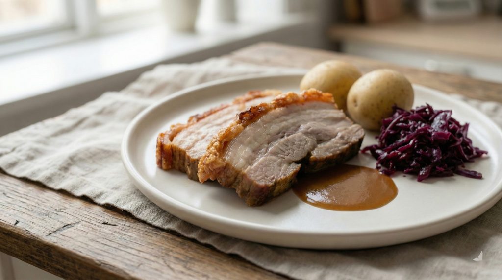 Norwegian ribbe with crispy pork crackling, red cabbage, potatoes, and rich brown gravy