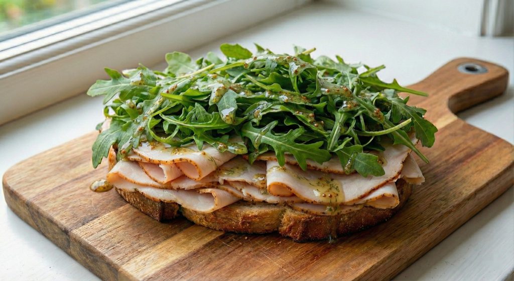 Open-faced turkey sandwich topped with arugula and hovmästarsås on toasted bread on a wooden board.