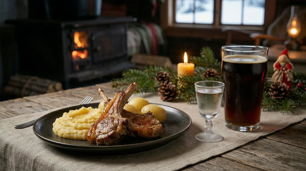 A frosty glass of aquavit and a tall glass of dark, malty beer sitting next to a plate of steaming lamb ribs on a holiday dining table, with blurred warm Christmas lights in the background.
