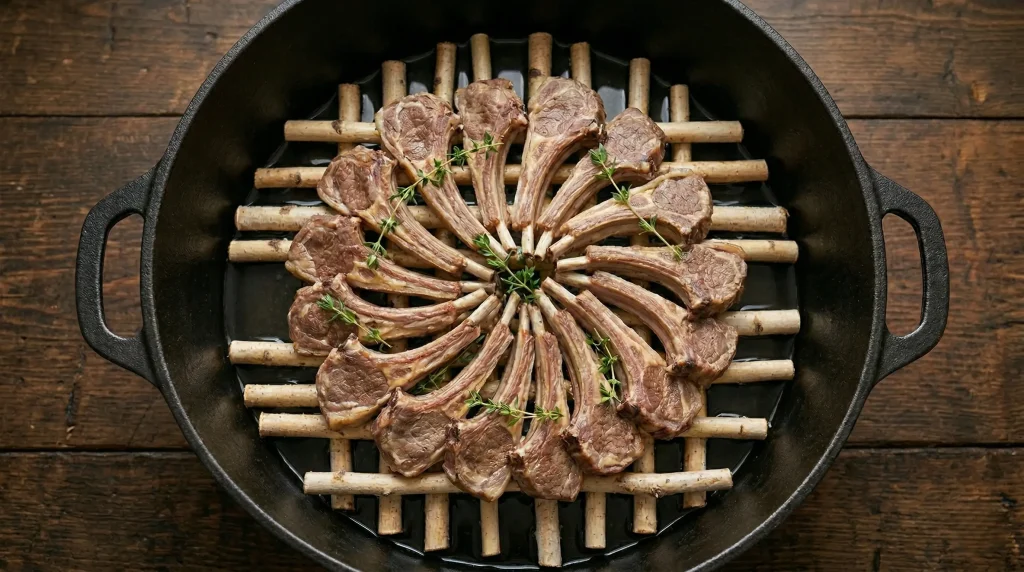 An overhead view into a large black pot lined with a grid of peeled birch sticks. Cured lamb ribs are arranged in a circle on top of the sticks, safely above the water, garnished with fresh thyme.