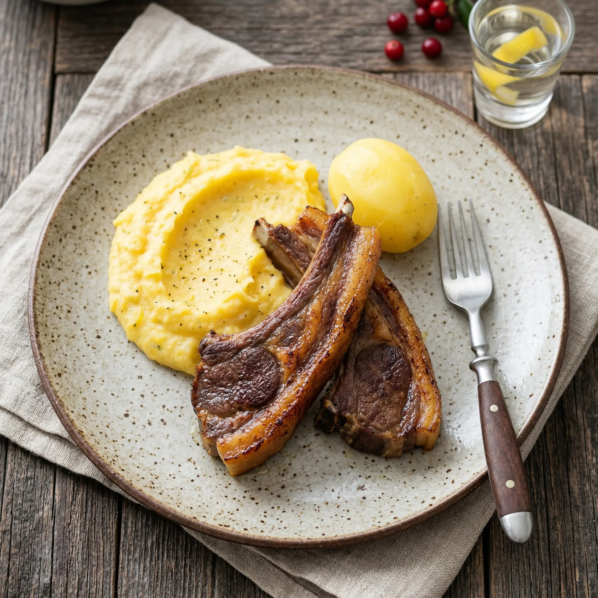 Overhead close-up of a plated tender lamb rib with crispy edges, a scoop of creamy yellow rutabaga mash, and a single boiled potato.