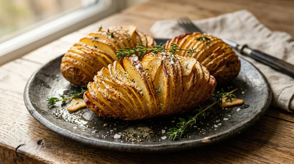 Three beautifully fanned and roasted Hasselback potatoes arranged on a dark, rustic plate, garnished with whole roasted garlic cloves and sprigs of fresh thyme.