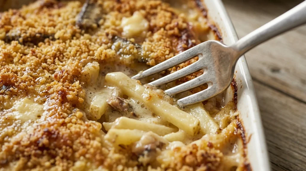 Close-up of a silver fork sliding into a creamy, golden-brown Janssons Temptation to test for softness.