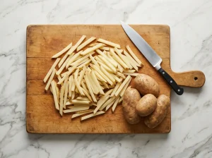 Top-down flatlay of whole russet potatoes and matchstick-cut strips on a wooden board over a marble surface.