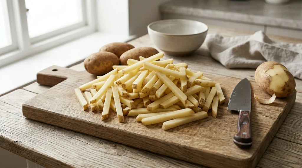 Raw russet potatoes cut into precise 6mm matchstick strips on a wooden cutting board with a kitchen knife.