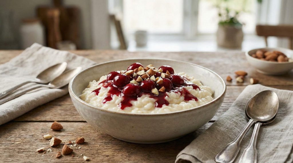 Creamy Danish risalamande (rice pudding) topped with cherry sauce and chopped almonds in a rustic bowl.