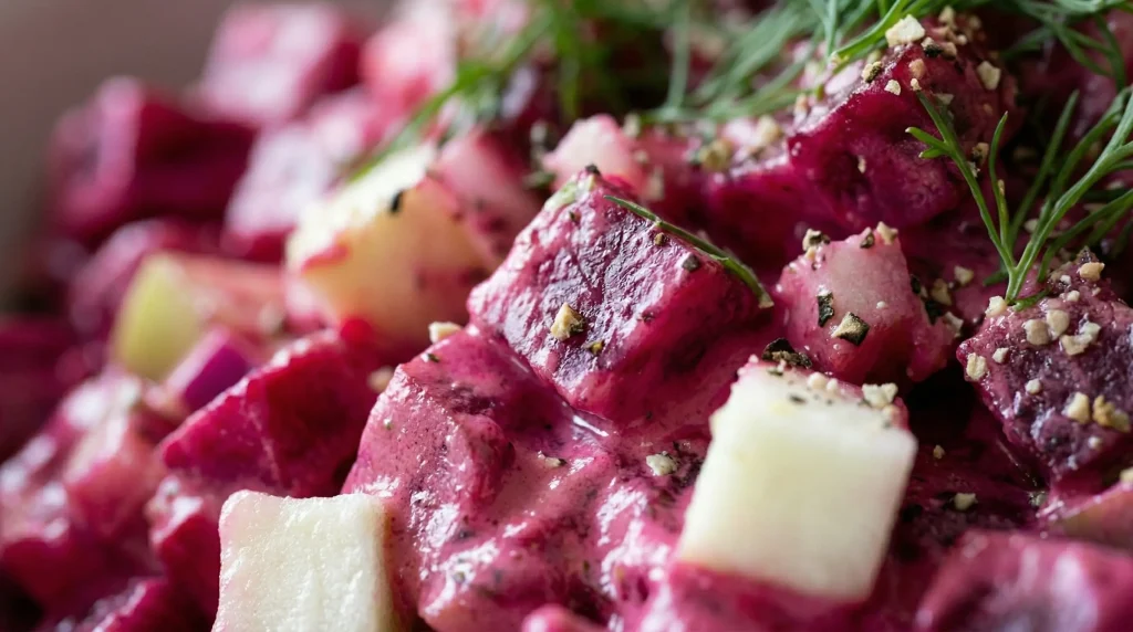 Extreme close-up showing the texture of diced beets and crisp apples coated in a silky pink mayonnaise and sour cream dressing.