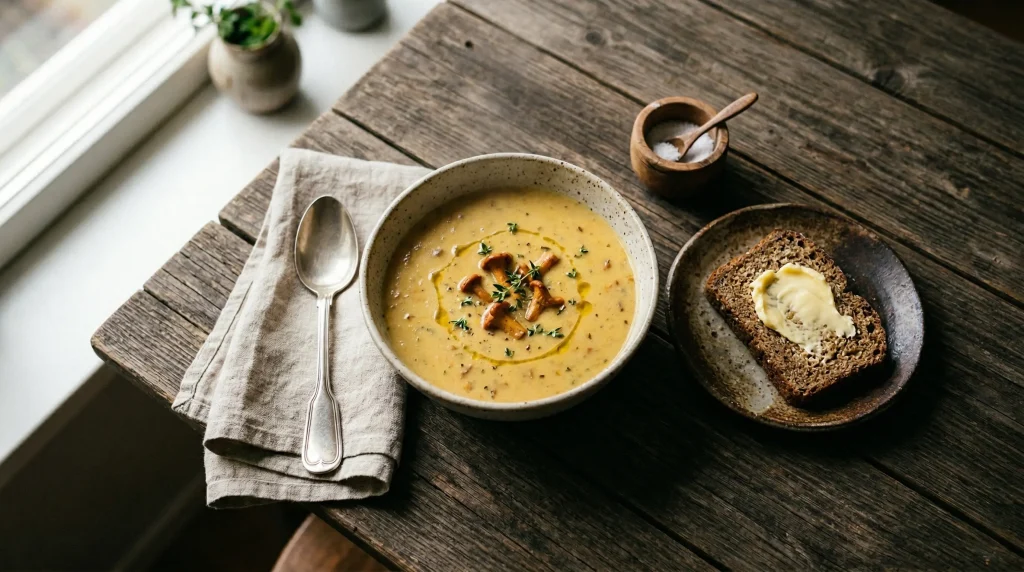 A bowl of mushroom soup served on a rustic wooden table next to a slice of buttered rye bread and a vintage spoon.