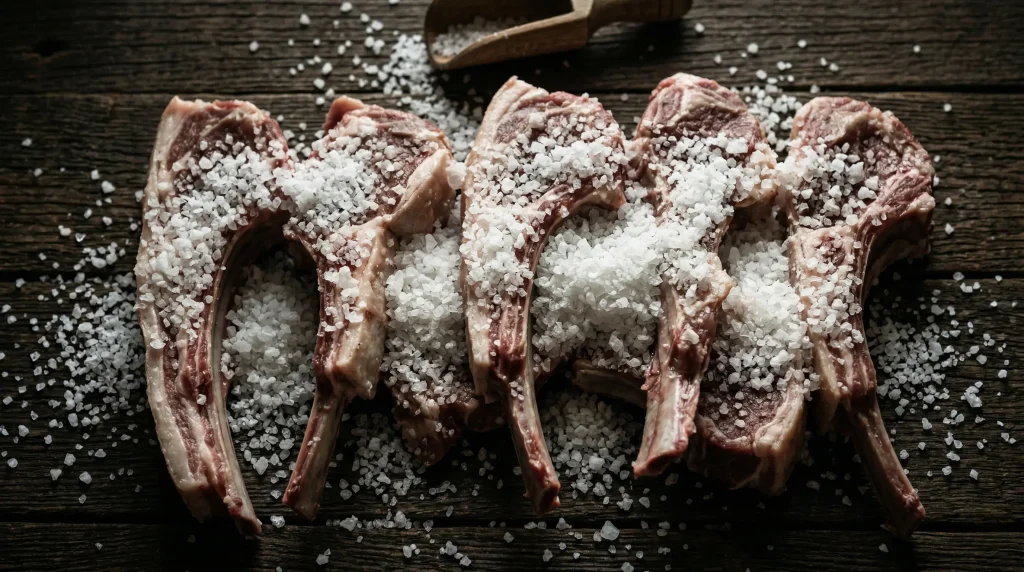 Raw, bone-in lamb ribs generously covered in coarse white salt, resting on a dark wooden surface.