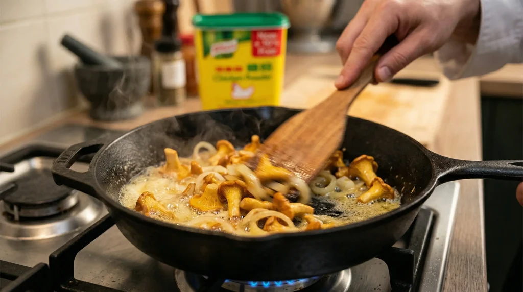 Fresh chanterelle mushrooms and sliced onions being sautéed in a cast-iron skillet with bubbling butter.