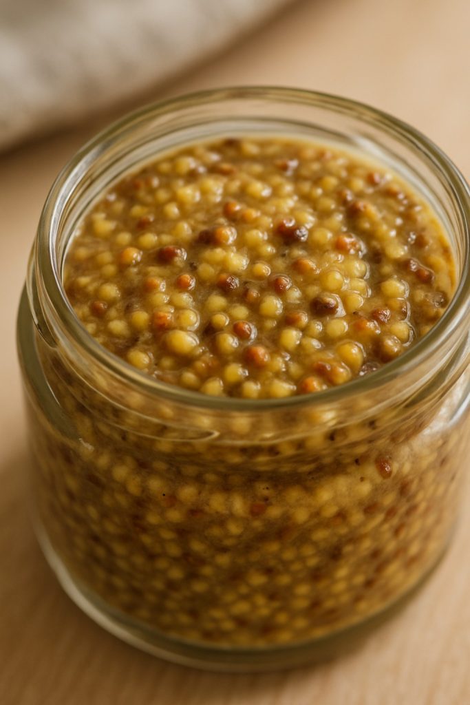 Close-up of grainy Swedish Skåne mustard with visible mustard seeds in a glass jar.