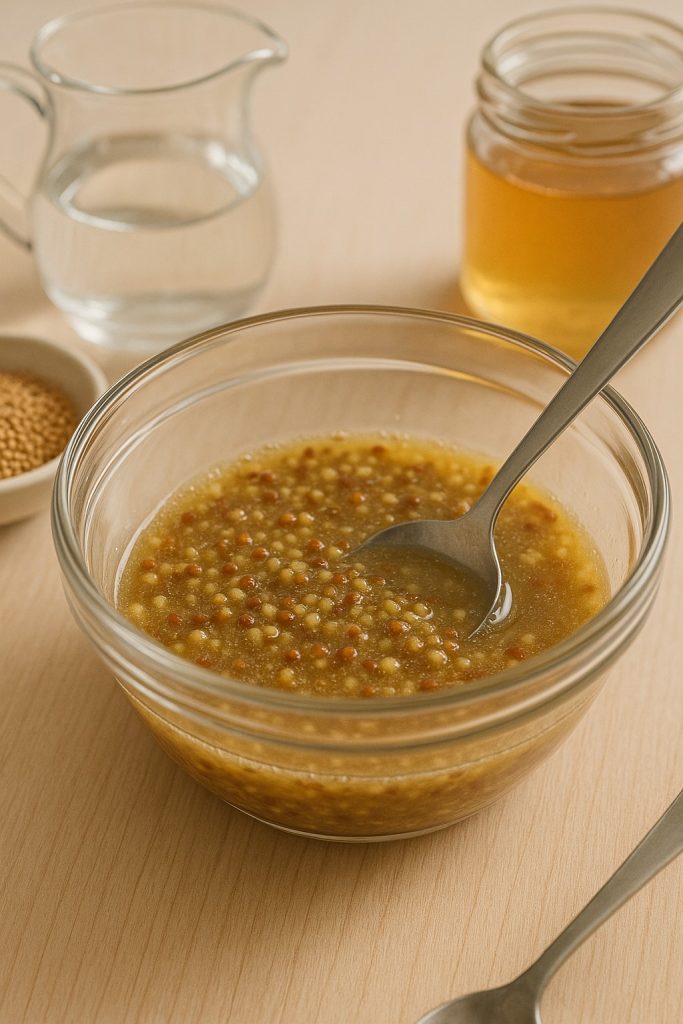Mixing homemade coarse Skåne mustard in a glass bowl with mustard seeds, vinegar and honey on the table.