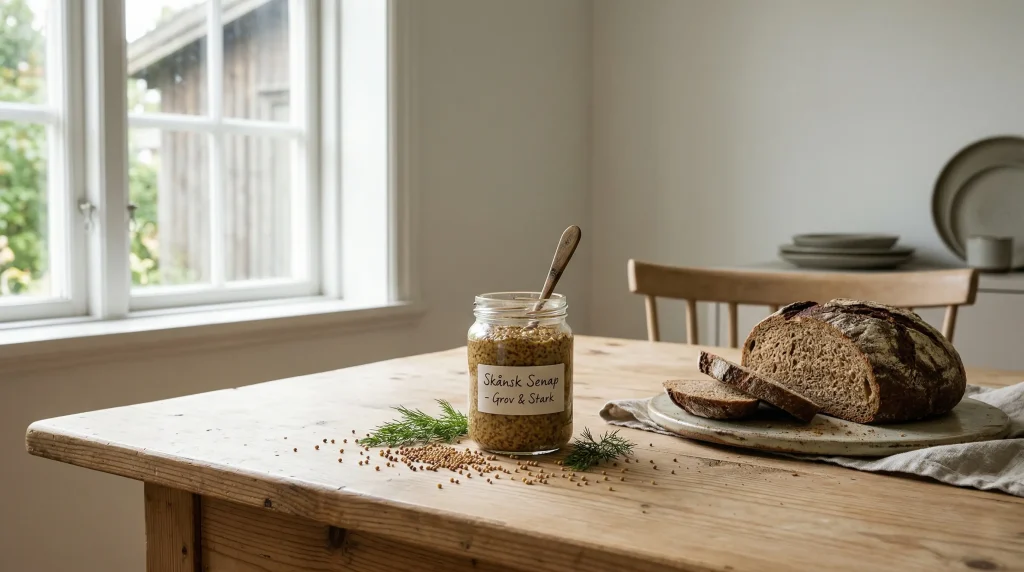 A minimalist Scandinavian wooden dining table set in soft window light, featuring a jar of grainy Skåne mustard, scattered mustard seeds, and a crusty loaf of sliced rye bread.