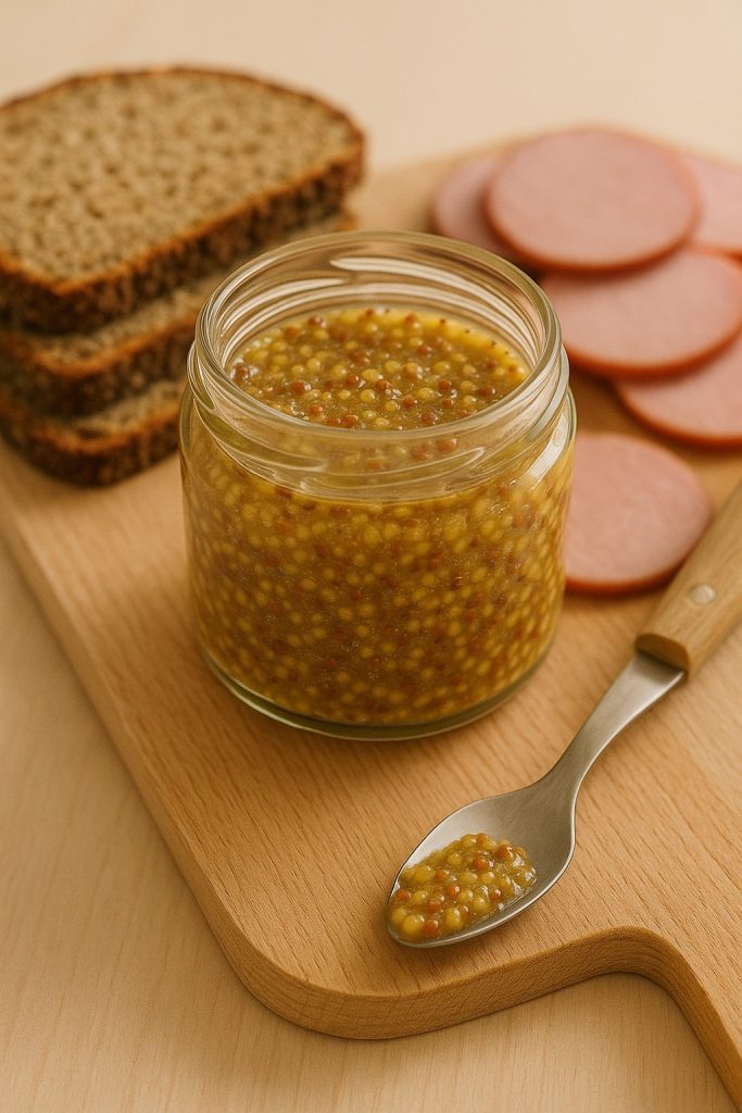 Jar of coarse Skåne mustard on a wooden board with rye bread and cold cuts as serving suggestions.