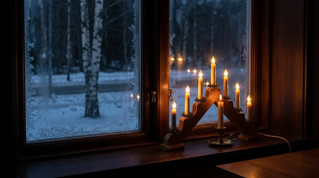 A glowing Swedish seven-armed advent candle arch on a frosted windowsill, with a lit brass candlestick beside it and the dark silhouette of birch trees visible through the winter window.