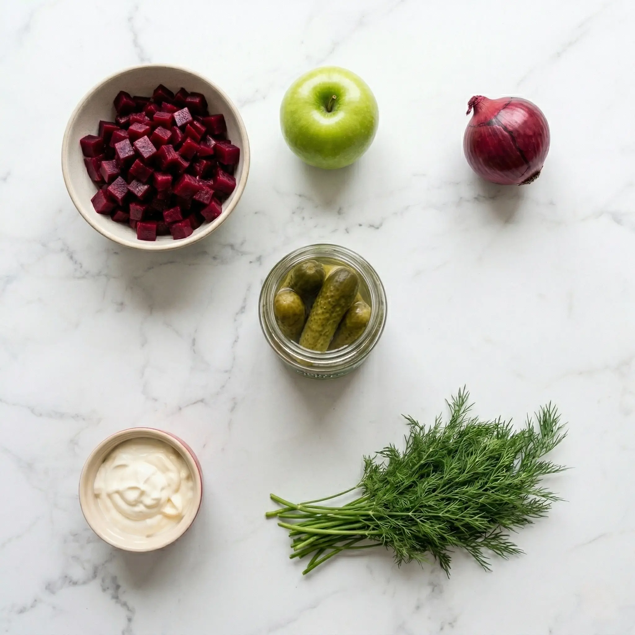 Top-down view of ingredients for Rödbetssallad: pickled beets, Granny Smith apple, red onion, dill pickles, and creamy dressing on marble.