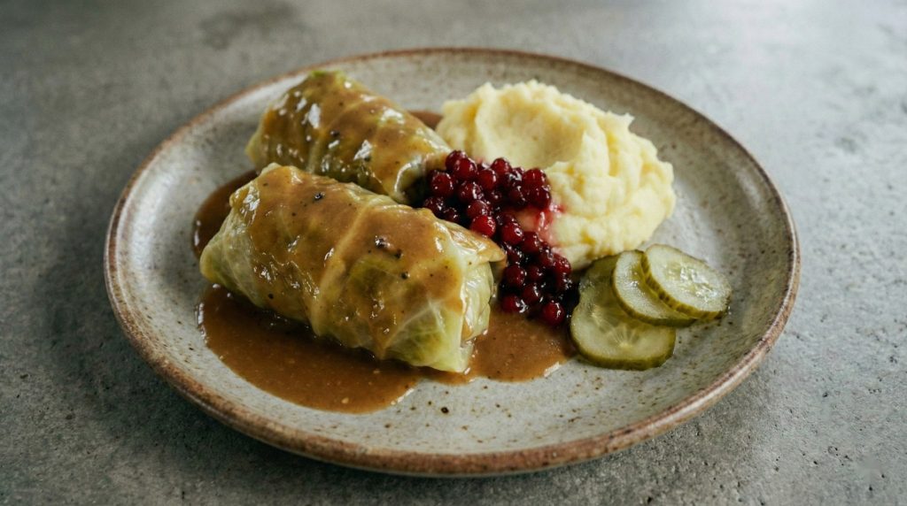 Swedish cabbage rolls (kåldomar) with brown gravy, mashed potatoes, lingonberries, and sliced pickles on a rustic plate.