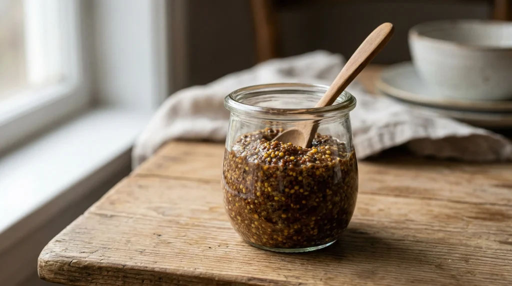 A small rustic glass jar filled with dark, coarse Skåne mustard featuring visible yellow and black seeds, resting on a wooden table with a small wooden spoon inside.