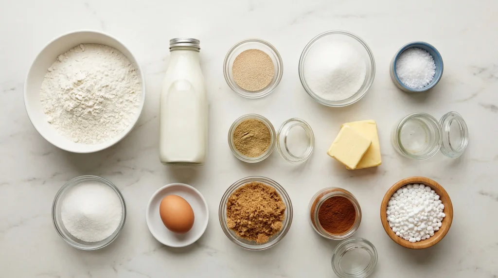A top-down knolling-style arrangement of kanelbulle ingredients—including flour, milk, ground cardamom, yeast, and pearl sugar—neatly organized on a white marble countertop.