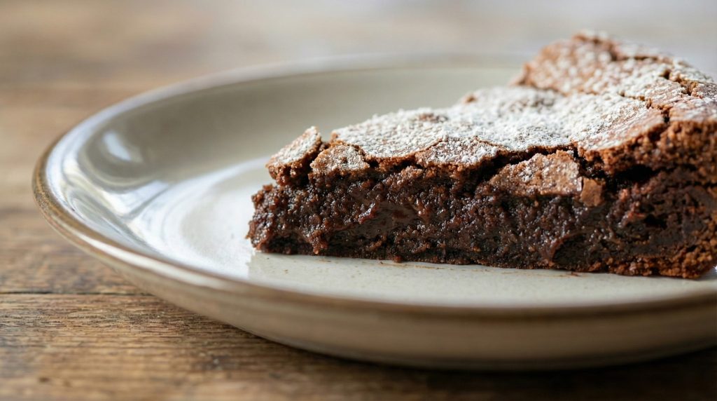 Close-up of a gooey Swedish kladdkaka slice with a sticky chocolate center, dusted with powdered sugar on a ceramic plate.