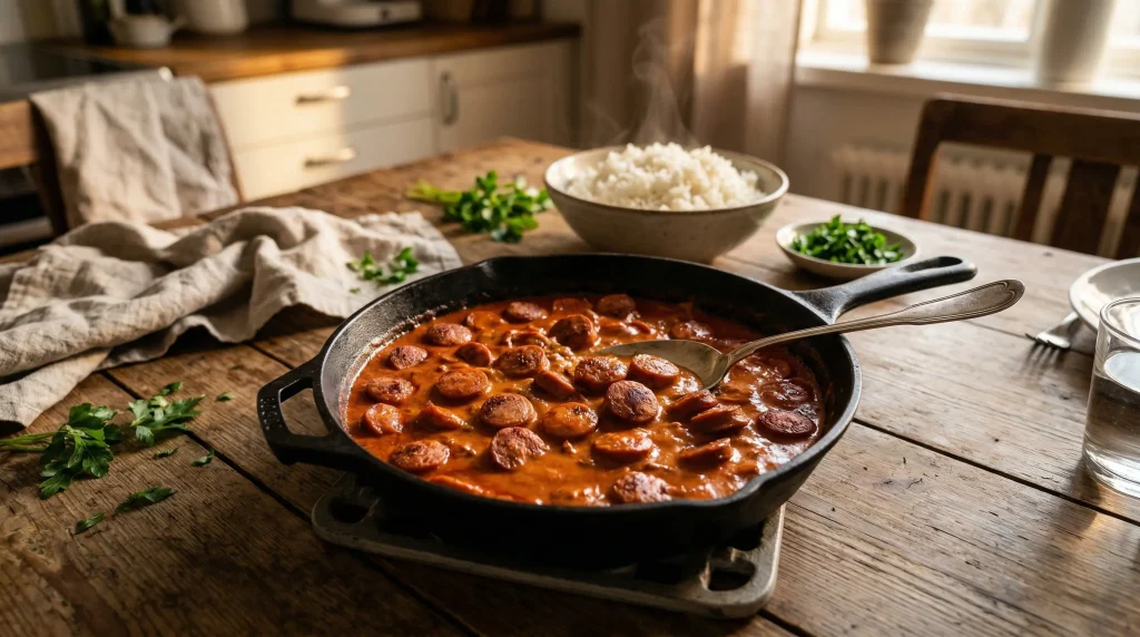 A large skillet filled with creamy Swedish sausage stroganoff bubbling on a rustic kitchen table.