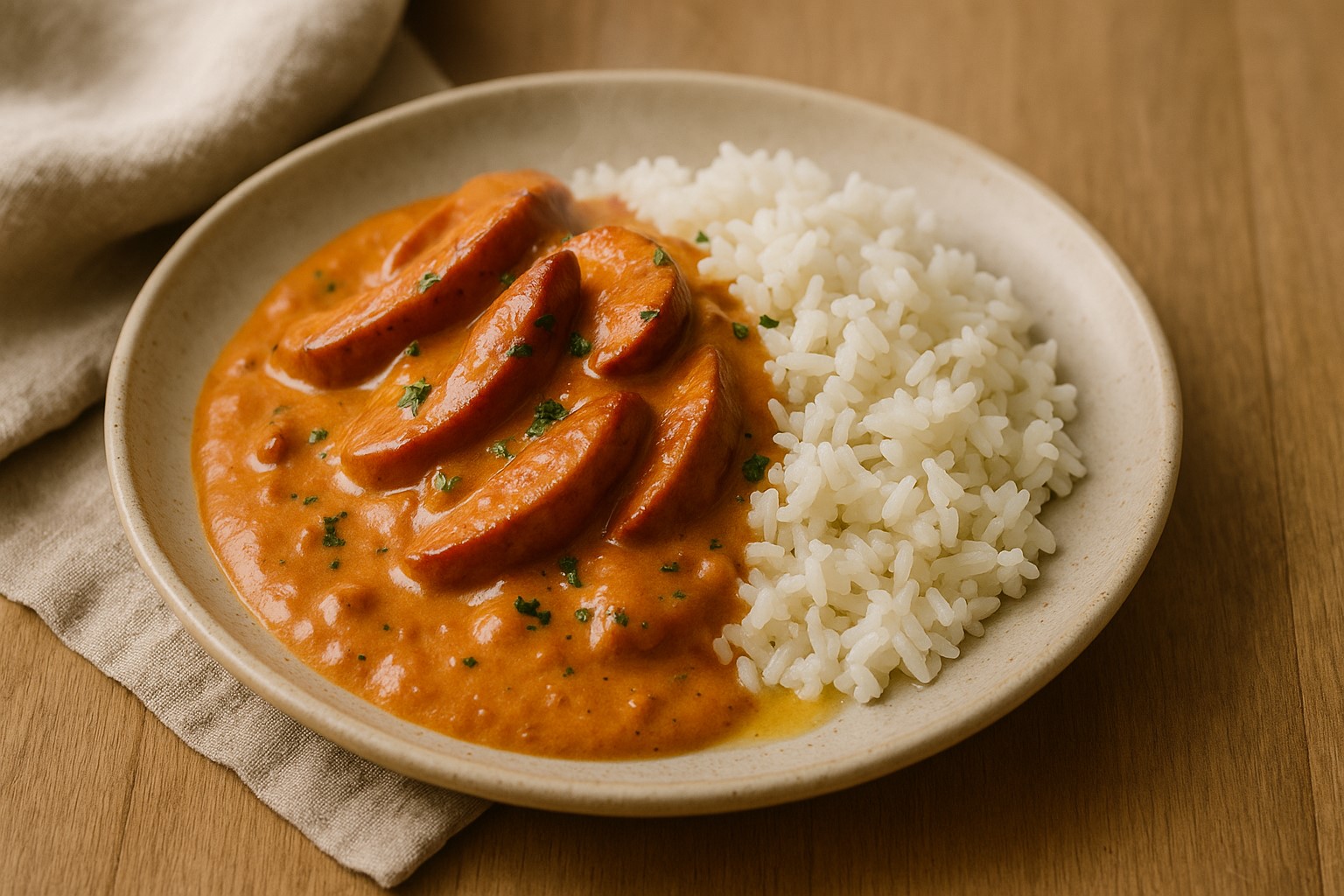 Swedish korv stroganoff with browned sausage slices in creamy tomato sauce served with fluffy white rice on an off-white plate, Nordic home setting.