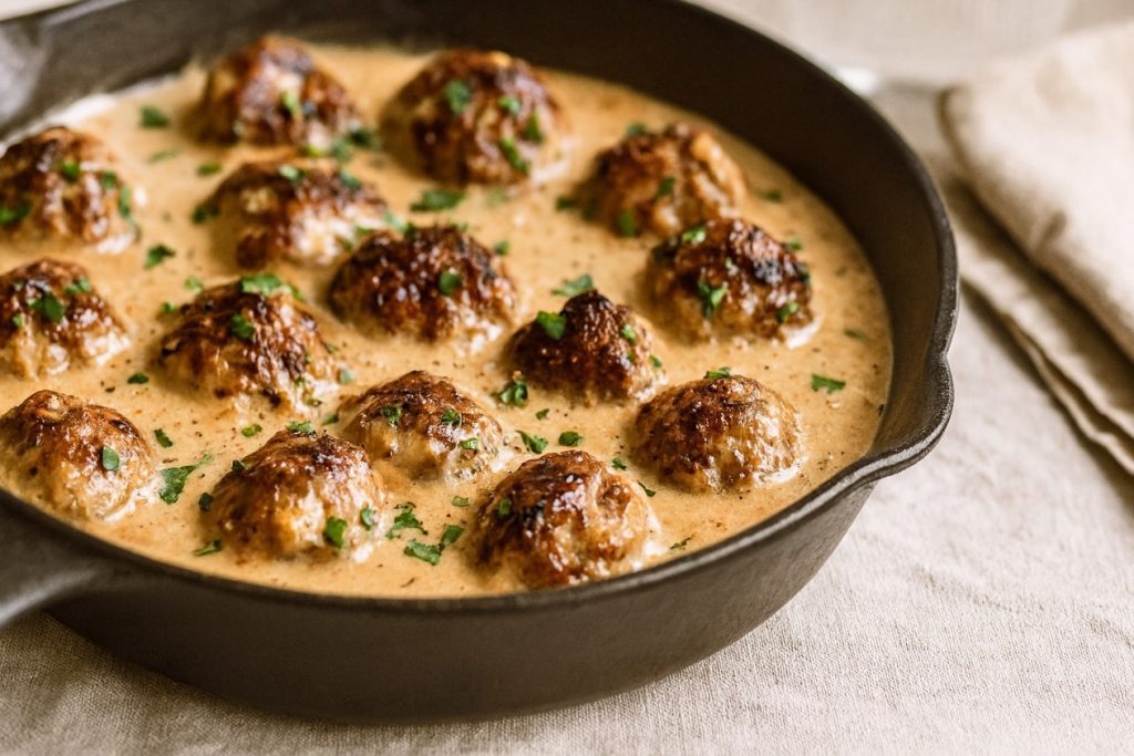 Authentic Swedish meatballs simmering in creamy brown gravy in a cast-iron skillet, garnished with fresh herbs.