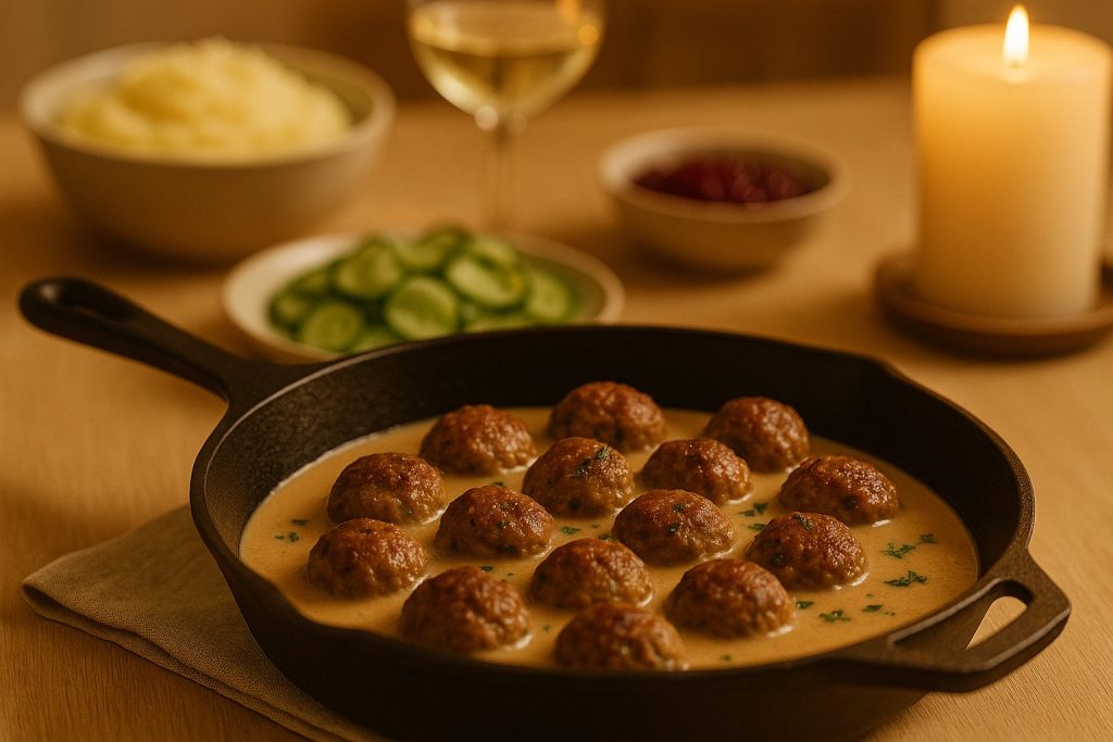 Cozy Nordic dinner scene with Swedish meatballs in a warm home atmosphere.
