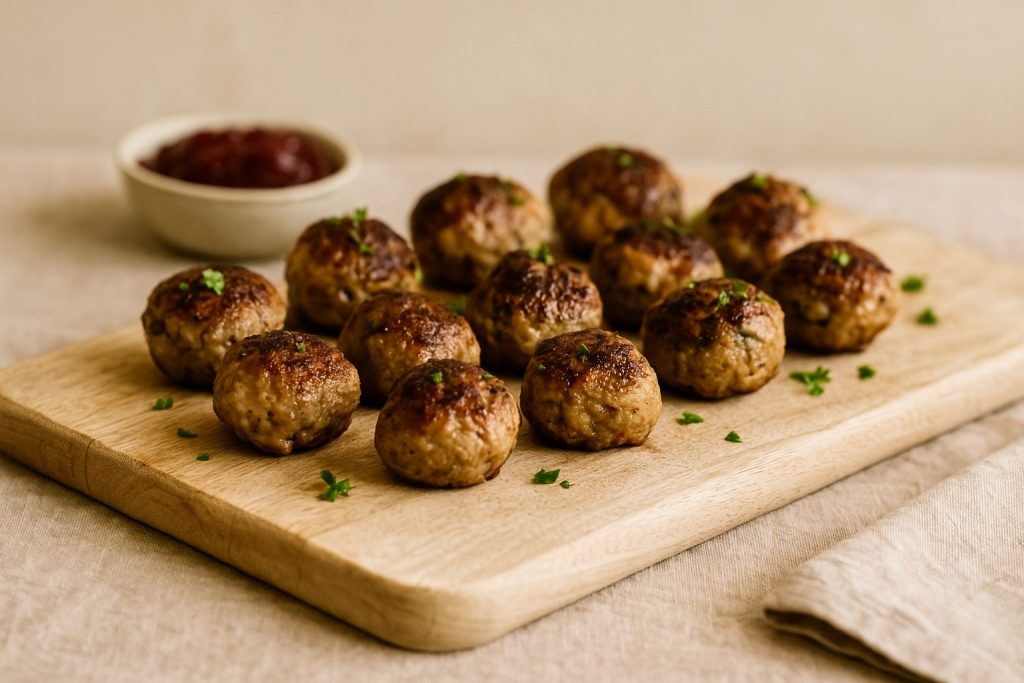 Traditional Swedish meatballs on a rustic wooden board with lingonberry jam and parsley.