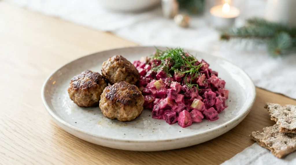 Three golden-brown Swedish meatballs served with a large scoop of pink beet salad and a side of crispbread.