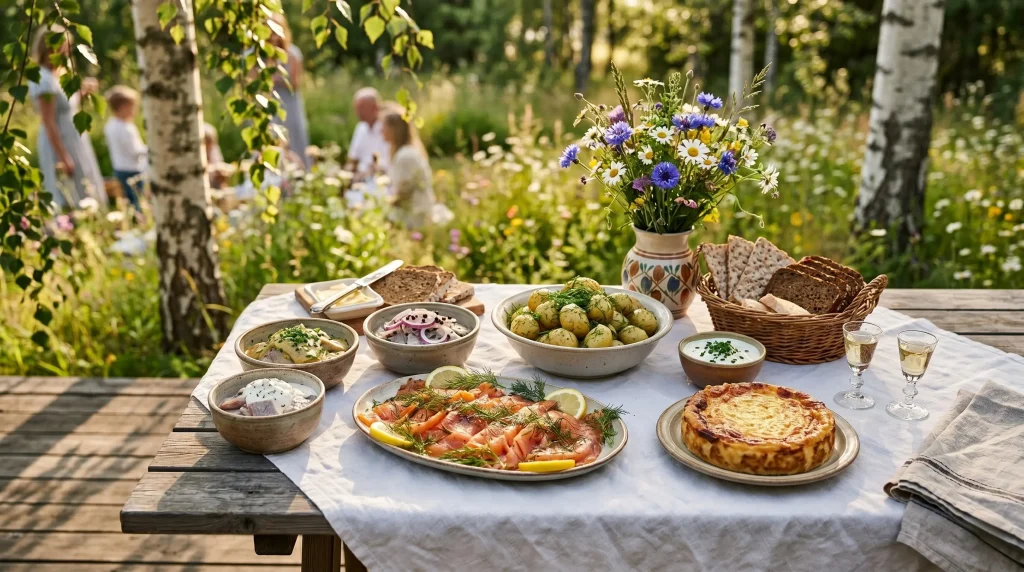 A Swedish midsommar smörgåsbord table set outdoors with gravlax, pickled herring, new potatoes with dill, crispbread, and Västerbotten cheese pie in golden afternoon light.