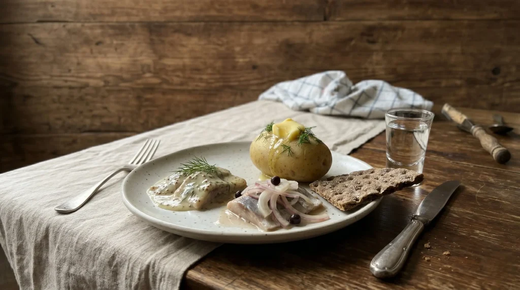 A home-style plate of Swedish pickled herring in onion and mustard sauce with a boiled potato, fresh dill, and rye crispbread, served with an aquavit glass.
