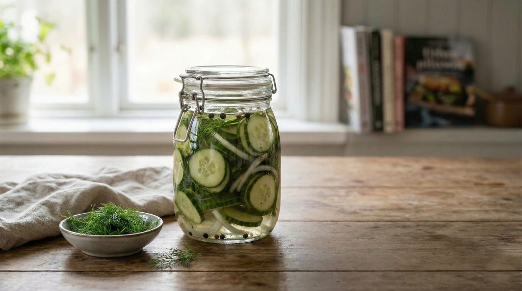 Jar of Swedish-style quick-pickled cucumbers (pressgurka) with dill, onion slices, and peppercorns on a rustic wooden table.