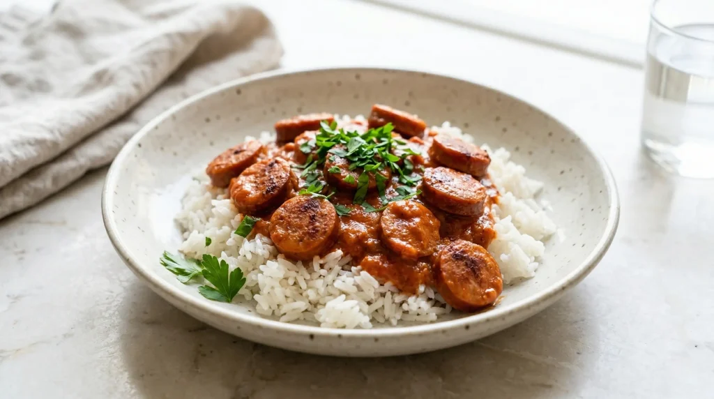 A serving of Swedish sausage stroganoff with smoked sausage in a tomato-cream sauce, plated over white rice and garnished with parsley.