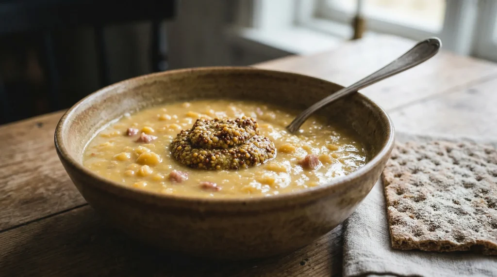 A rustic ceramic bowl filled with creamy yellow Swedish pea soup topped with a large dollop of coarse, grainy mustard, served alongside a piece of crispbread on a wooden table.