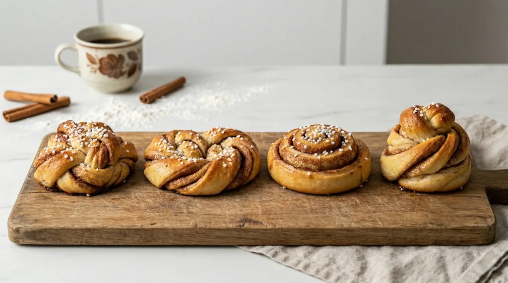 A row of four Swedish kanelbullar (cinnamon buns) on a rustic wooden board, demonstrating different twisting and shaping techniques. The background shows a coffee mug, cinnamon sticks, and scattered pearl sugar.
