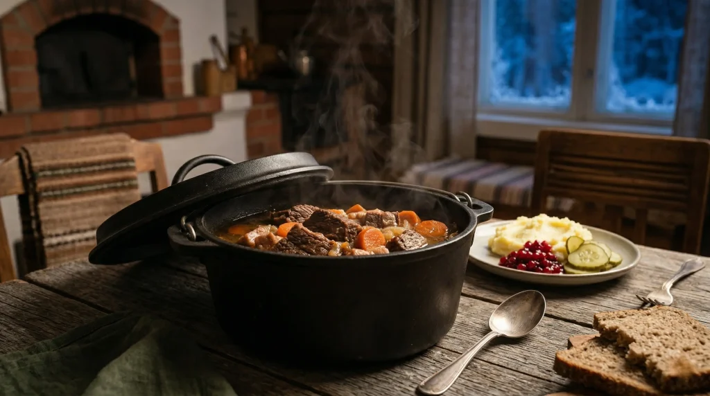 A heavy cast-iron Dutch oven filled with steaming Karelian meat stew on a rustic wooden dining table.