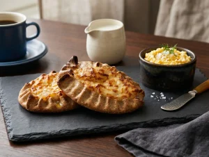 A traditional Finnish breakfast featuring two golden-brown Karelian pasties on a slate board, served with a bowl of Munavoi egg butter topped with dill and onion, next to a blue cup of coffee.