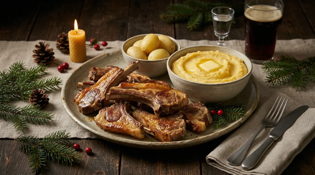 A rustic holiday table setting featuring a large platter of golden, crispy Norwegian Pinnekjøtt lamb ribs, served with creamy rutabaga mash and boiled potatoes.