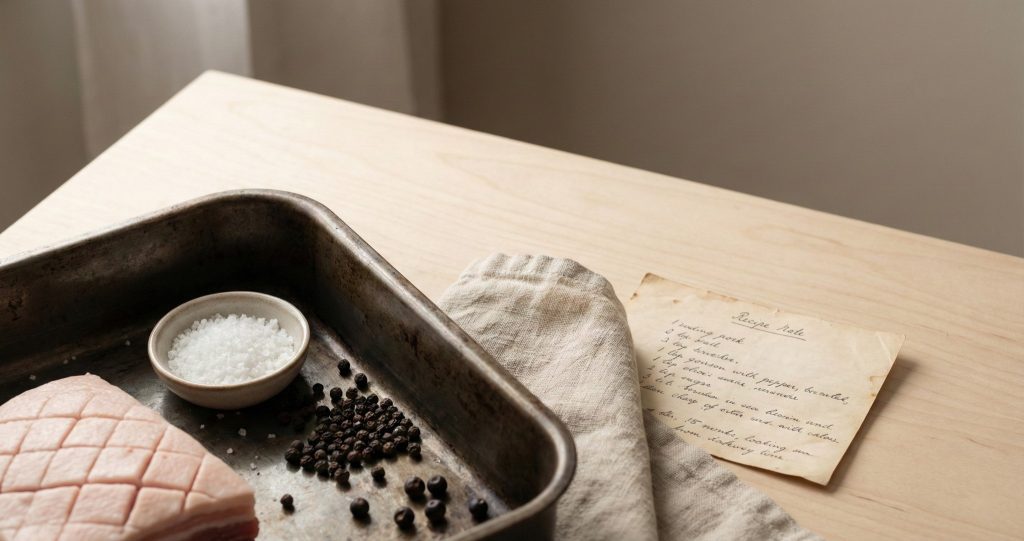 Traditional preparation of Norwegian ribbe with scored pork belly, coarse salt, peppercorns, and a handwritten recipe note