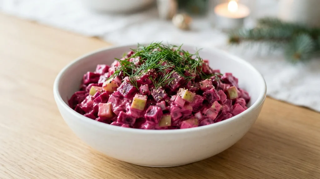 A vibrant, jewel-pink Swedish beet salad in a white ceramic bowl, garnished with fresh green dill and white pepper.