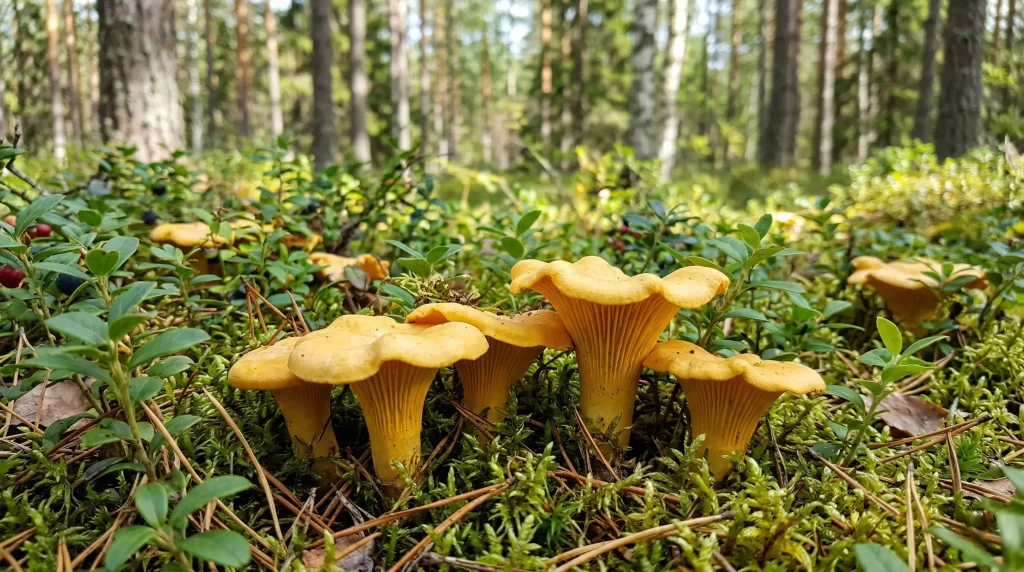 Golden chanterelle mushrooms growing naturally in green moss and pine needles in a sunlit forest.