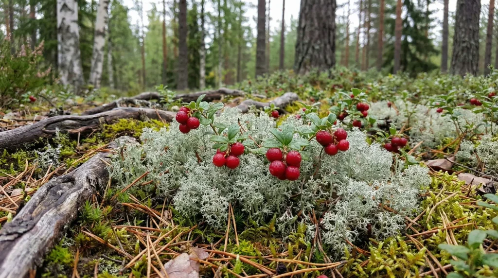 Wild lingonberries growing on reindeer lichen in a Nordic boreal forest