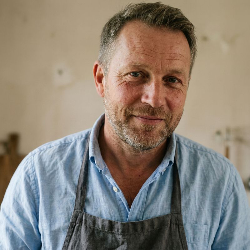 Erik Lundström, creator of The Nordic Dish, wearing a blue shirt and charcoal apron in a softly lit Scandinavian kitchen