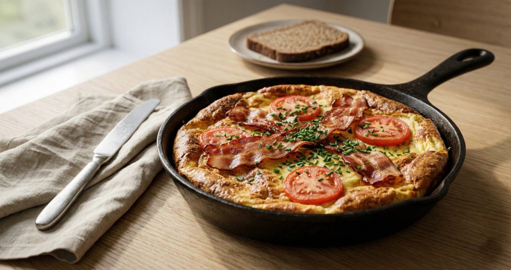Whole Danish æggekage in a cast-iron skillet topped with bacon, tomatoes, and chives on a Nordic breakfast table.