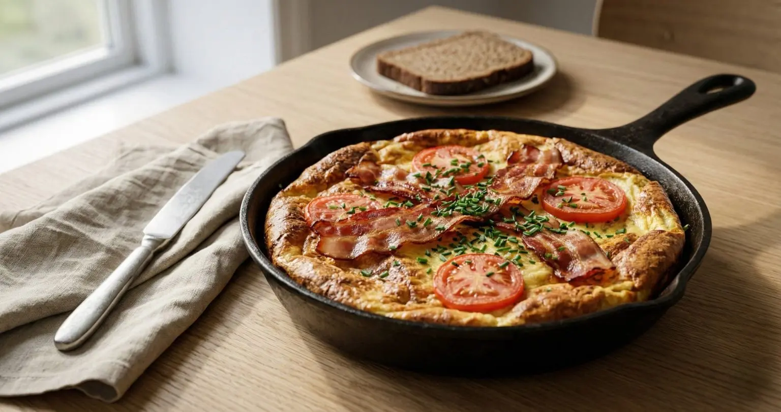 Whole Danish æggekage in a cast-iron skillet topped with bacon, tomatoes, and chives on a Nordic breakfast table.