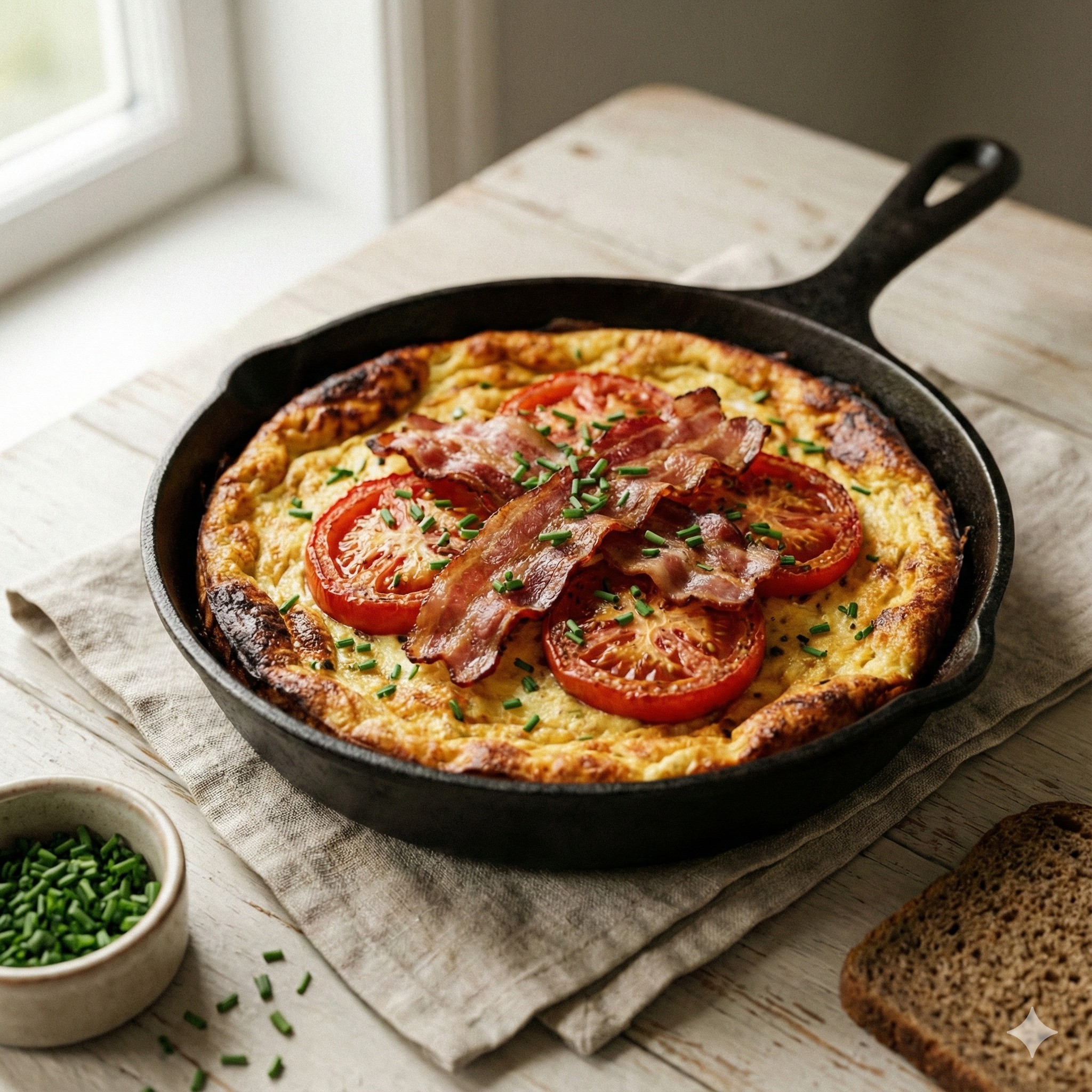 Danish æggekage baked in a cast-iron skillet with bacon, tomato slices, and chives in soft window light.