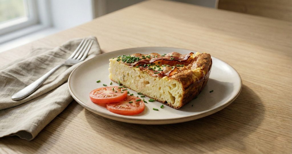 Slice of Danish æggekage on a plate with bacon, tomatoes, and chives on a light wooden table with linen napkin.